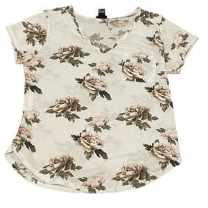 Rue 21 Short Sleeve Floral V-neck Tshirt Off White Pink Green Size Large